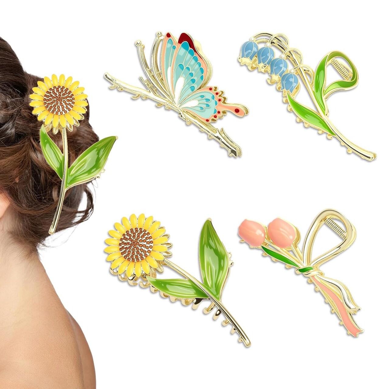 Flower Butterfly Metal Hair Claw Clips 4pcs Cute Large Tulip Sunflower Butterfly Non-Slip Hair Clips